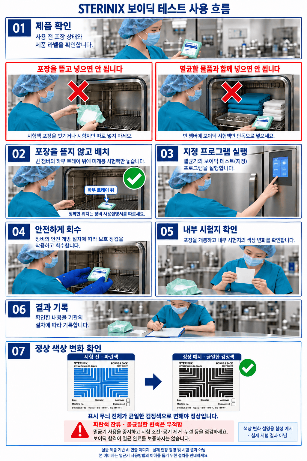STERINIX 제품 확인, 잘못된 사용 예시, 하부 트레이 배치, 회수와 판독을 설명하는 AI 연출 사용 안내